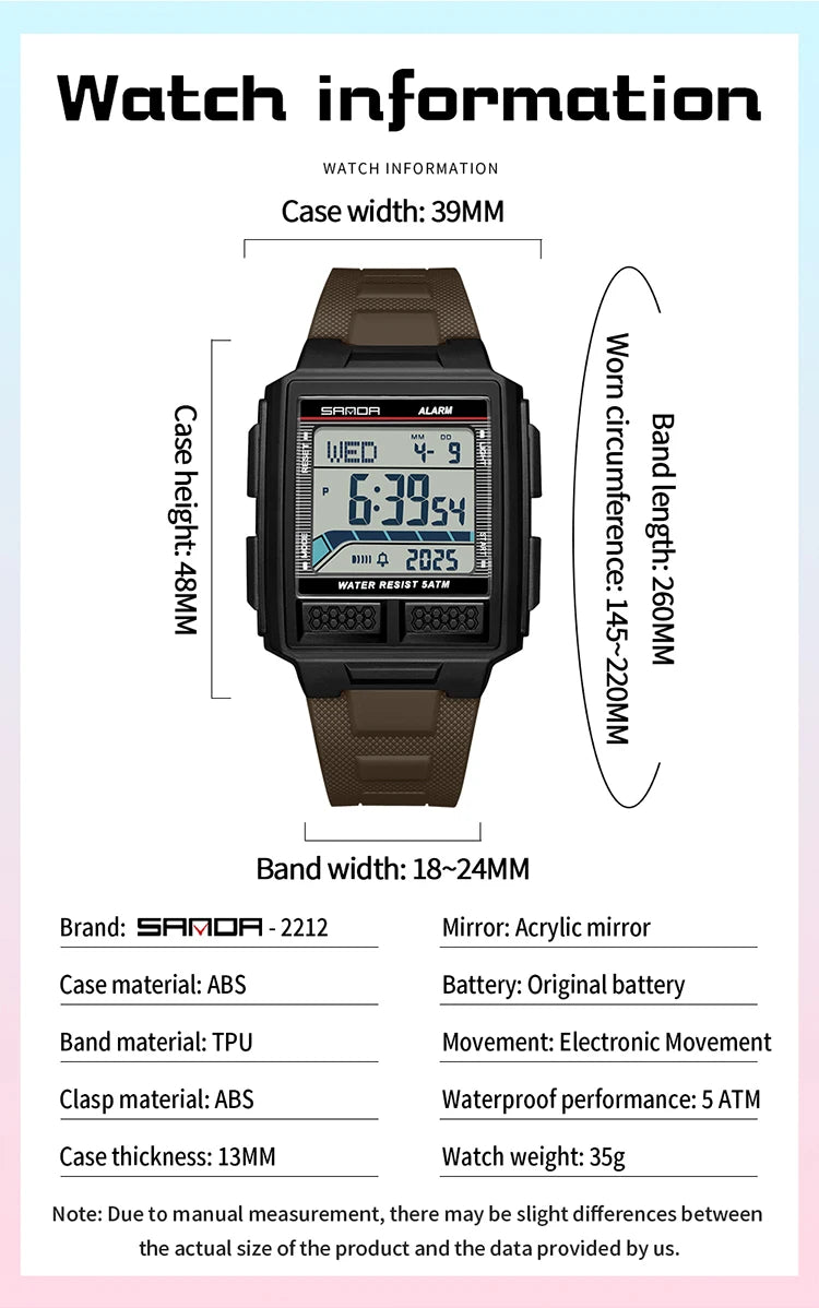 SANDA 2212 Fashion Electronic Watch Alarm Clock Luminous Calendar Water Resistant Shockproof Sports Digital Watches for Man