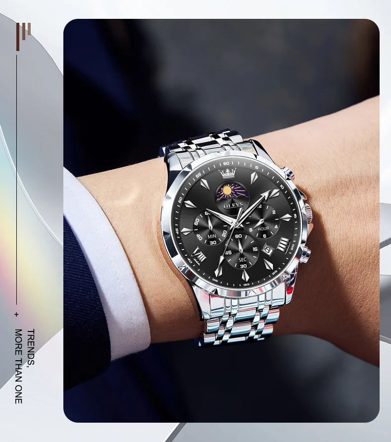 OLEVS 3653 Luminous Chronograph Stainless Steel Quartz Watch for Men Waterproof Sports Calendar Date Wristwatches Reloj Hombre