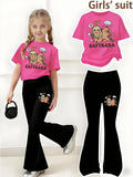 Girls' Summer Casual Outfit: Regular Short-Sleeve Top + Black Flared Long Pants Two-Piece Set with Capybara and Pufferfish Print, Cute and Stylish, Suitable for Girls Aged 4-12, Versatile for Home and Outdoor Wear