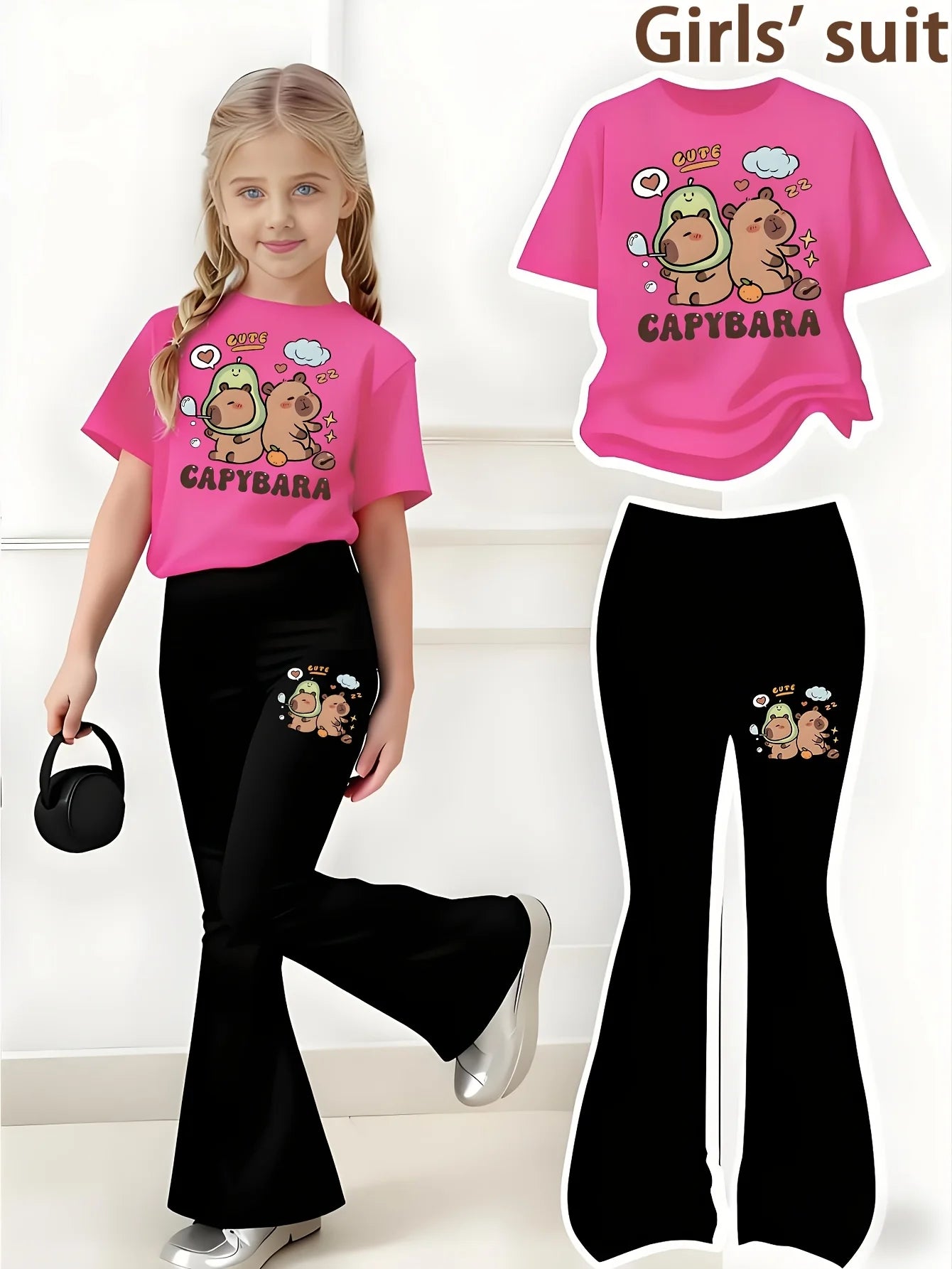 Girls' Summer Casual Outfit: Regular Short-Sleeve Top + Black Flared Long Pants Two-Piece Set with Capybara and Pufferfish Print, Cute and Stylish, Suitable for Girls Aged 4-12, Versatile for Home and Outdoor Wear