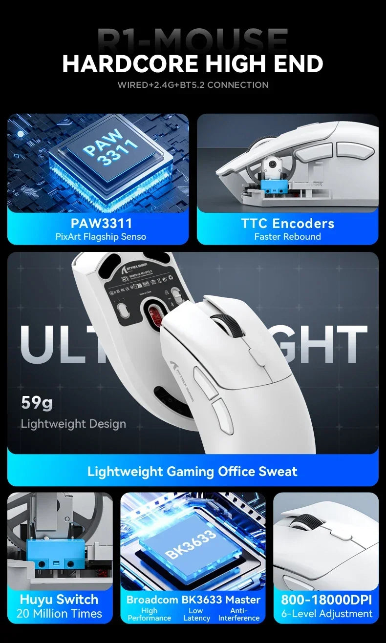 Attack Shark R1 Wireless Mouse Lightweight Ergonomic DesignMouse 1000Hz Bluetooth Tri-mode Connection 18000dpi Optical Mouse