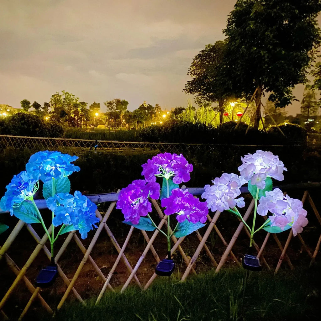 Garden Summer Home Weddig Holiday Decor 3 Heads Artificial Hydrangea Flower Landscape Ground Lights Outdoor Solar LED Lawn Lamp