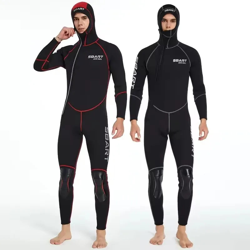 SBART 3mm One-piece Neoprene Wetsuit Men Hooded Warm Long Sleeve Diving Suit Cold Proof Sunscreen Surfing Swimming Snorkeling