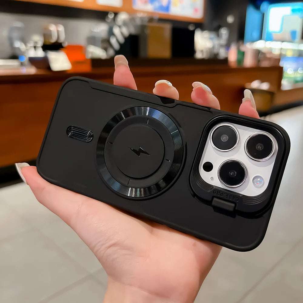 Luxury Flip Up Lens Holder Magnetic Case For iPhone 17 Air 16 Pro Max 14 15 13 12 11 Pro Plus Magsafe Charge Soft Silicone Cover