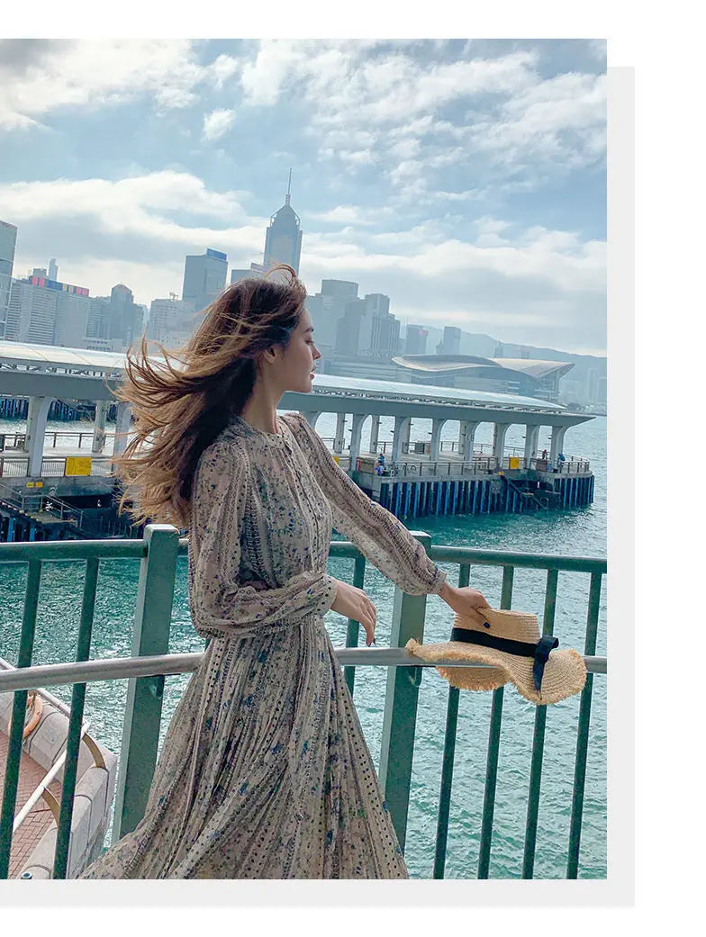 Retro Dress Spring Summer Long Sleeve Floral Chiffon High Waist Court Over Knee Popular Inside Women's Dress 2022Vestidos Office