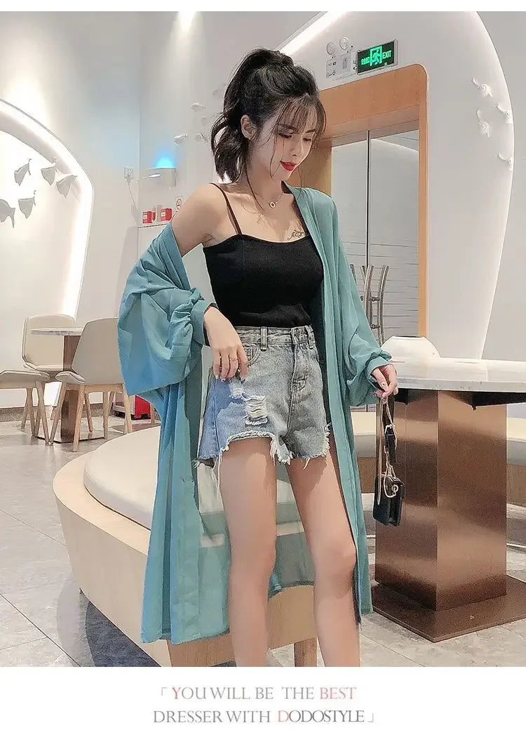 Long Shirts Women Summer Girls Sunscreen Clothing Seethrough Thin Loose Solid Simple Leisure All-match Korean Style Chiffon Tops