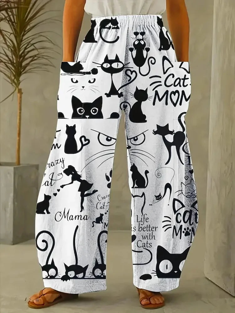 Loose Vintage Pants For Women Have Pocket Pants Cartoon New Fun Cat Animal Print Casual Women's Bloomers And Trendy Pants