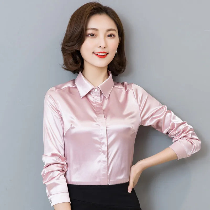 Women silk satin blouse button long sleeve lapel ladies office work elegant female silk blouses shirts
