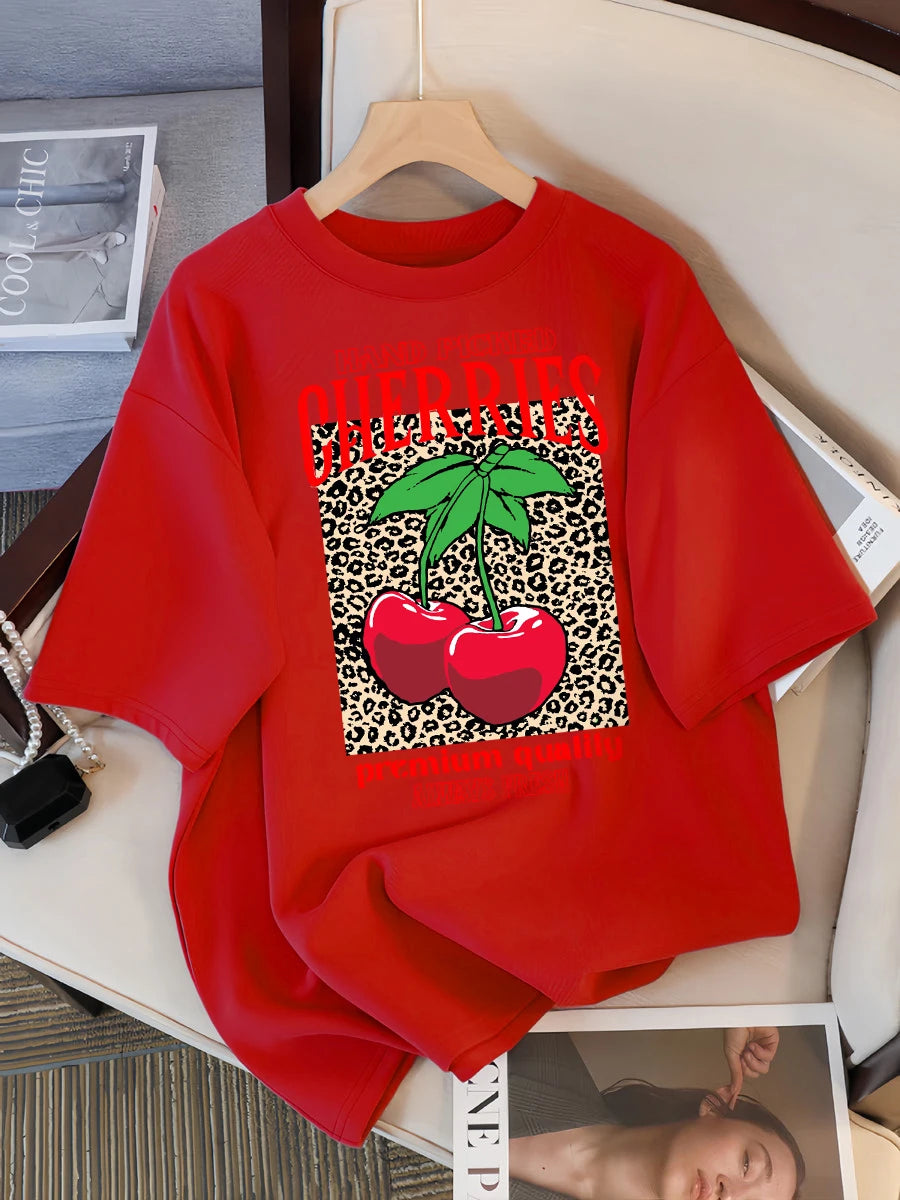 Hand Picked Cherries Always Fresh Printing T-Shirt Women Cotton Crewneck T Shirts Summer Loose Clothes Multicolor Short Sleeve
