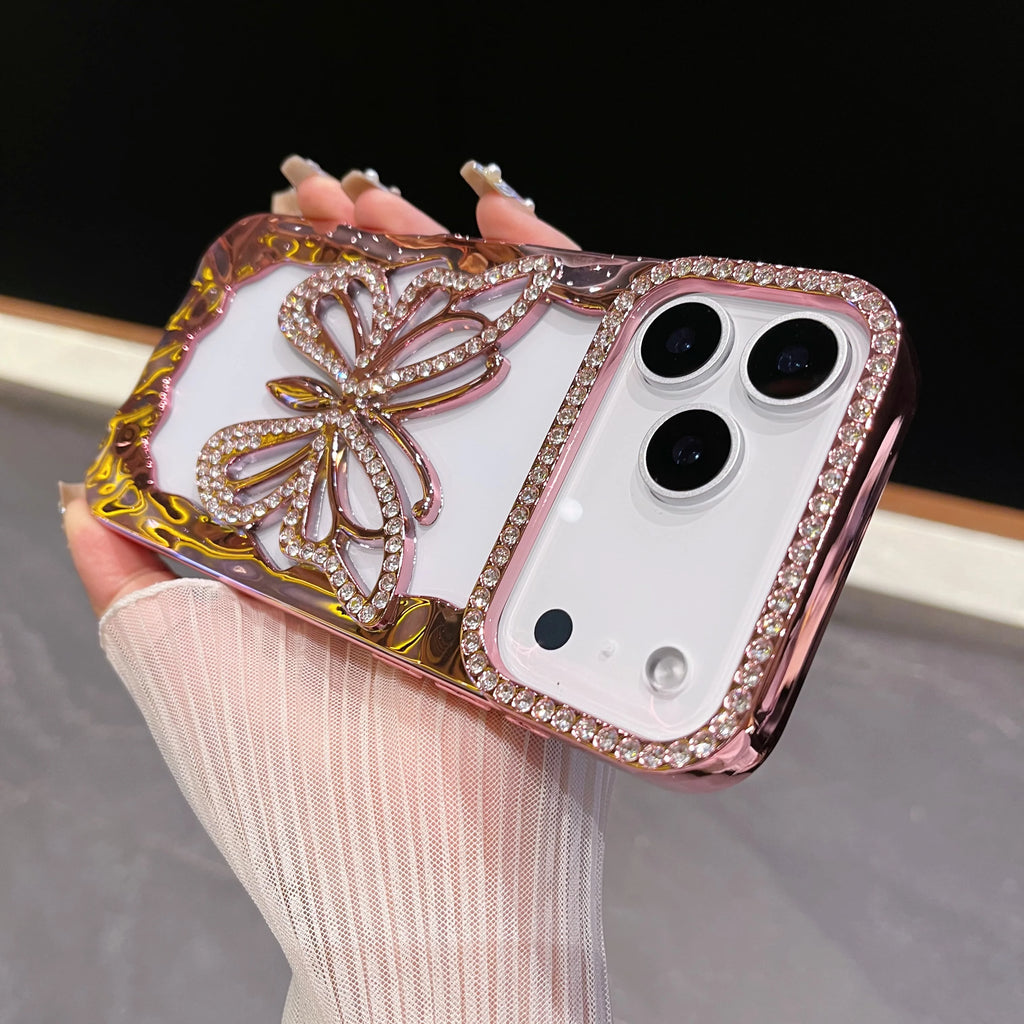 Bling Diamond Hollow Butterfly Phone Case For iPhone 17 Air 16 15 14 Plus 13 12 11 Pro Max Plating Glitter Shockproof Soft Cover