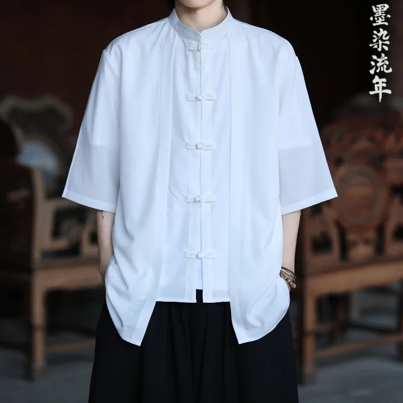 Chinese Shirt Men Ice Silk Chinese Style Comfortable Breathable Retro Shirt  Men Casual Summer Loose Fit Fashion Solid Color Top