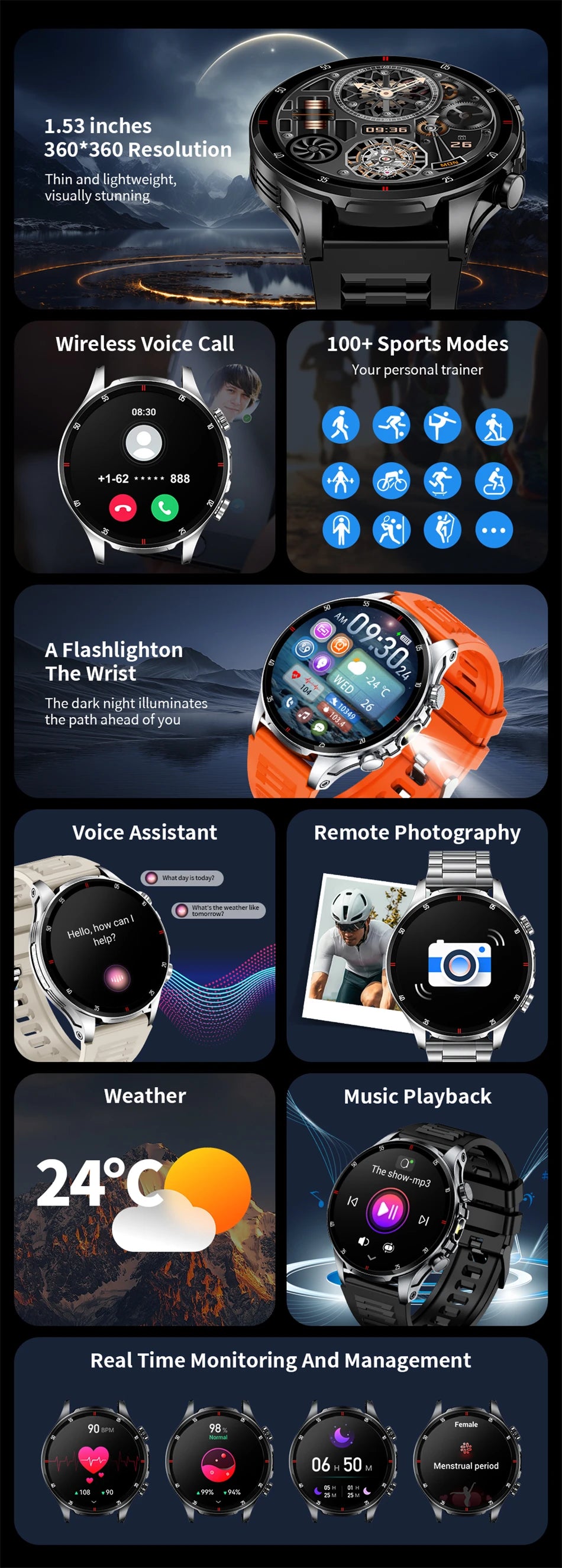 LIGE 2025 New Smart Watch Men Flashlight AI Voice Bluetooth Call 1.53" HD Sports Fitness Watches Health Monitor Smartwatch Women