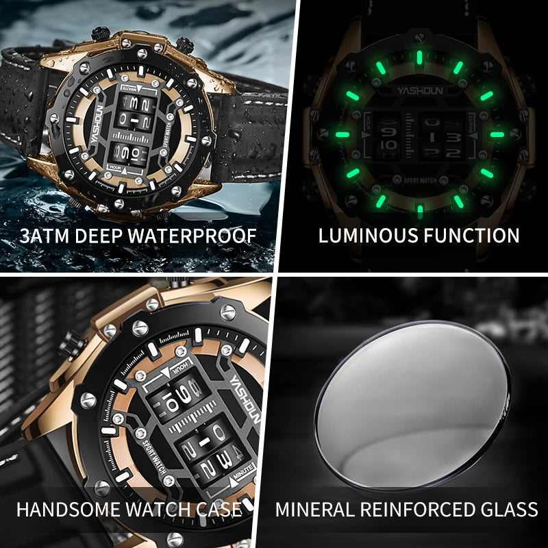 Men Quartz Watch Roller Digital Dial Design Silicone Strap Versatile Wristwatch Clock Waterproof Military Sports Clock