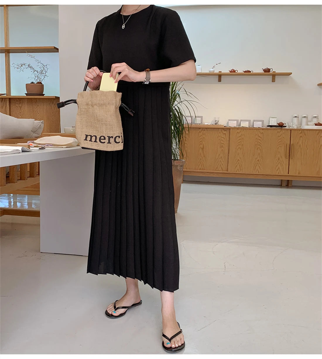 Summer 2024 Korean Sle Loose Slimming ort Sve Chiffon Pleated Long Dr Women's Casual Knee-Over Maxi Dr