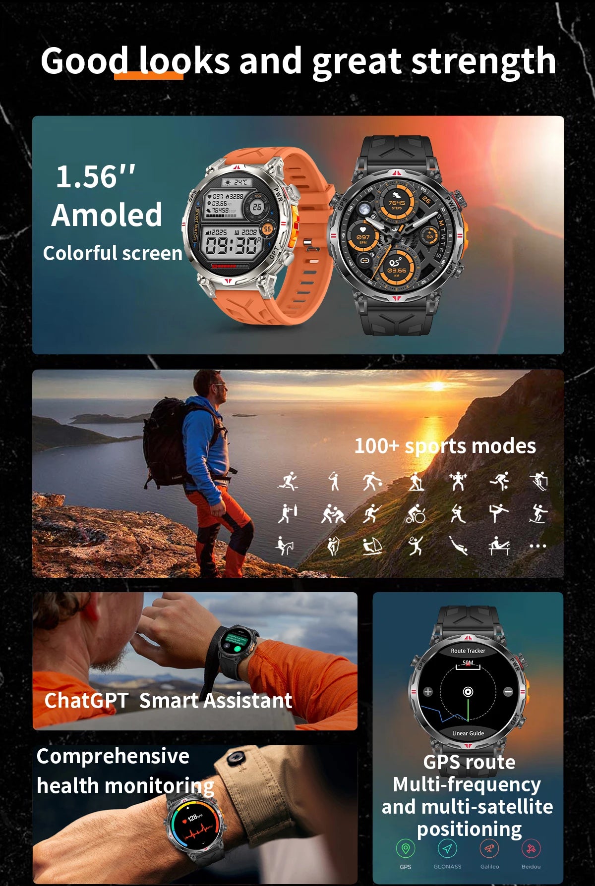New Outdoor GPS GPT Compass Smart Watch 3ATM Waterproof Fitness Track Heart Rate BT Call Professional Sports 650mAh Smartwatch