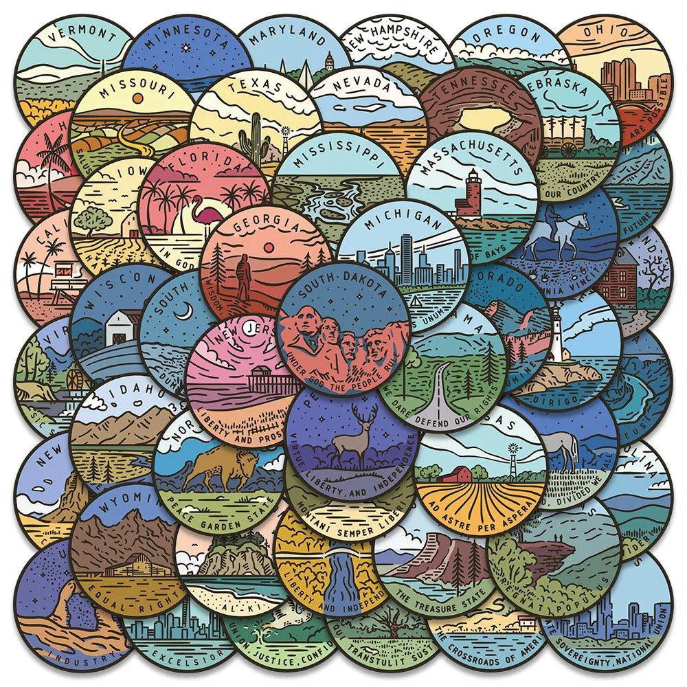 50PCS American 50 States Tourism Landscape City Stickers Decals Kids DIY Diary Suitcase Scrapbook Phone Laptop Bike Sticker