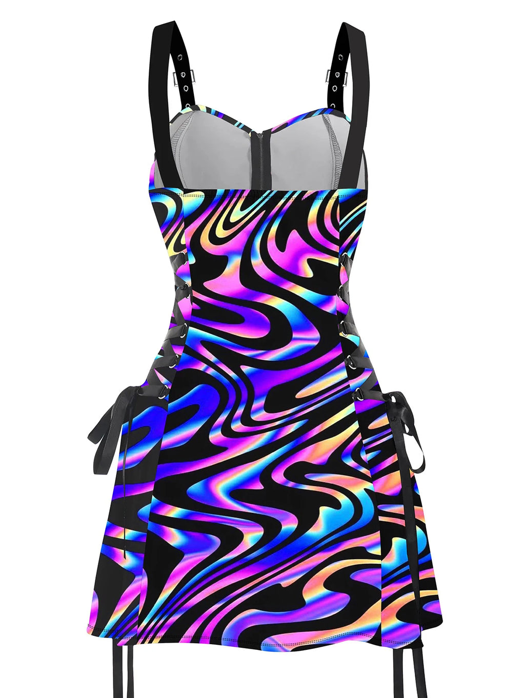 Dressfo 2025 Women's Dress Colorful Textured Graphic Print O-Ring Half Zipper Adjustable Buckle Shoulder Strap Sleeveless Dress