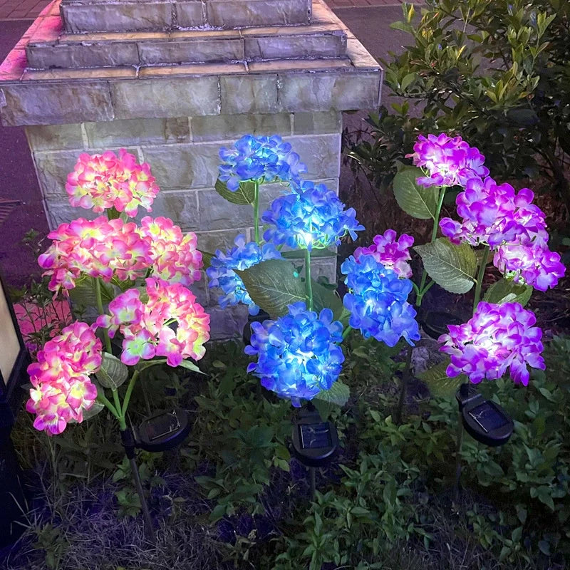 Garden Summer Home Weddig Holiday Decor 3 Heads Artificial Hydrangea Flower Landscape Ground Lights Outdoor Solar LED Lawn Lamp