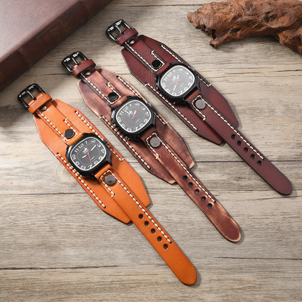 Men's Vintage Wide Cowhide Leather Hand-Stitched Quartz Watch - Retro Wrist Accessory