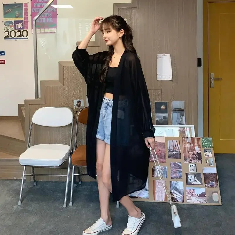 Long Shirts Women Summer Girls Sunscreen Clothing Seethrough Thin Loose Solid Simple Leisure All-match Korean Style Chiffon Tops