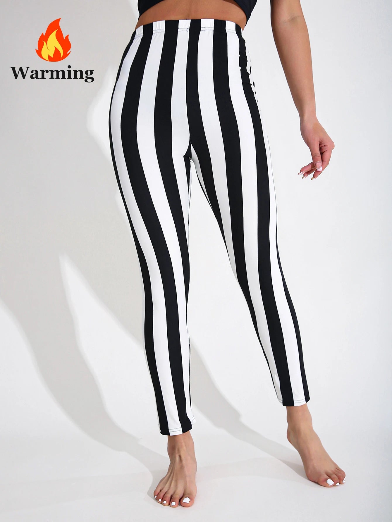 Autumn Winter 1PACK Women's Black White Thick Strip Velvet Thickened Sexy Tight Legging Casual Sports Elegant Fitness Yoga Pants
