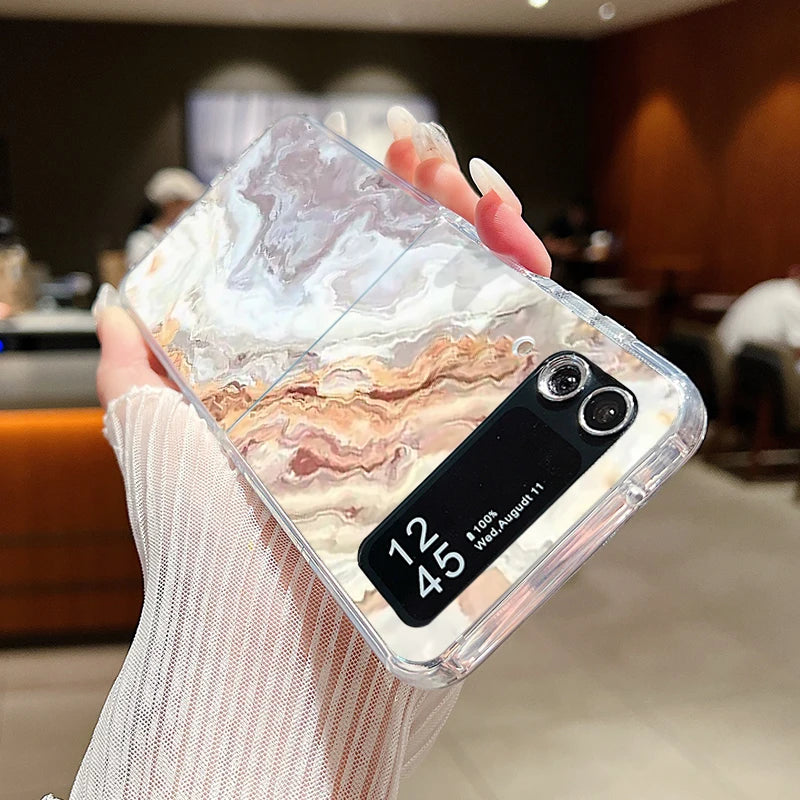 For Samsung Galaxy Z Flip 7 6 5 4 3 Case Watercolor Marble Pattern Hard Clear Folding Cover For Samsung Z Flip6 Flip5 Flip7