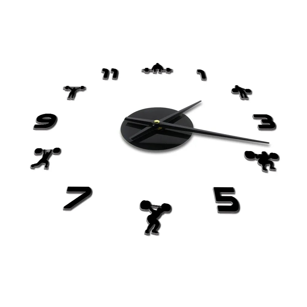 Weightlifting Fitness Room Wall Decor DIY Giant Wall Clock Mirror Effect Powerlifting Frameless Large Wall Clock GYM Wall Watch