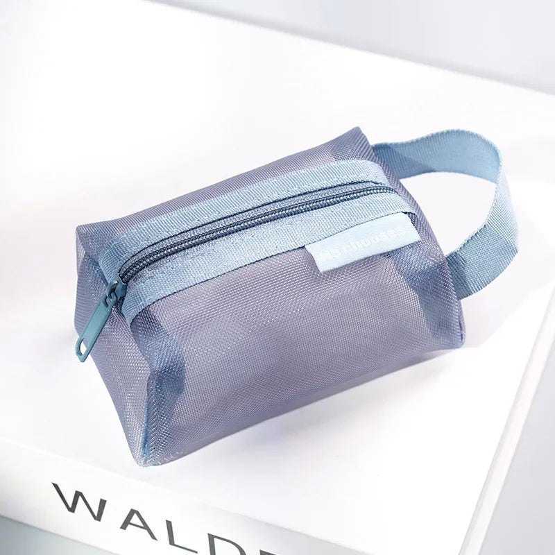 Mini Clear Nylon Mesh zipper Cosmetic Bags Cute Women Small Lipstick Makeup Bags Pouch Data Line Key Earphone Organizer Case