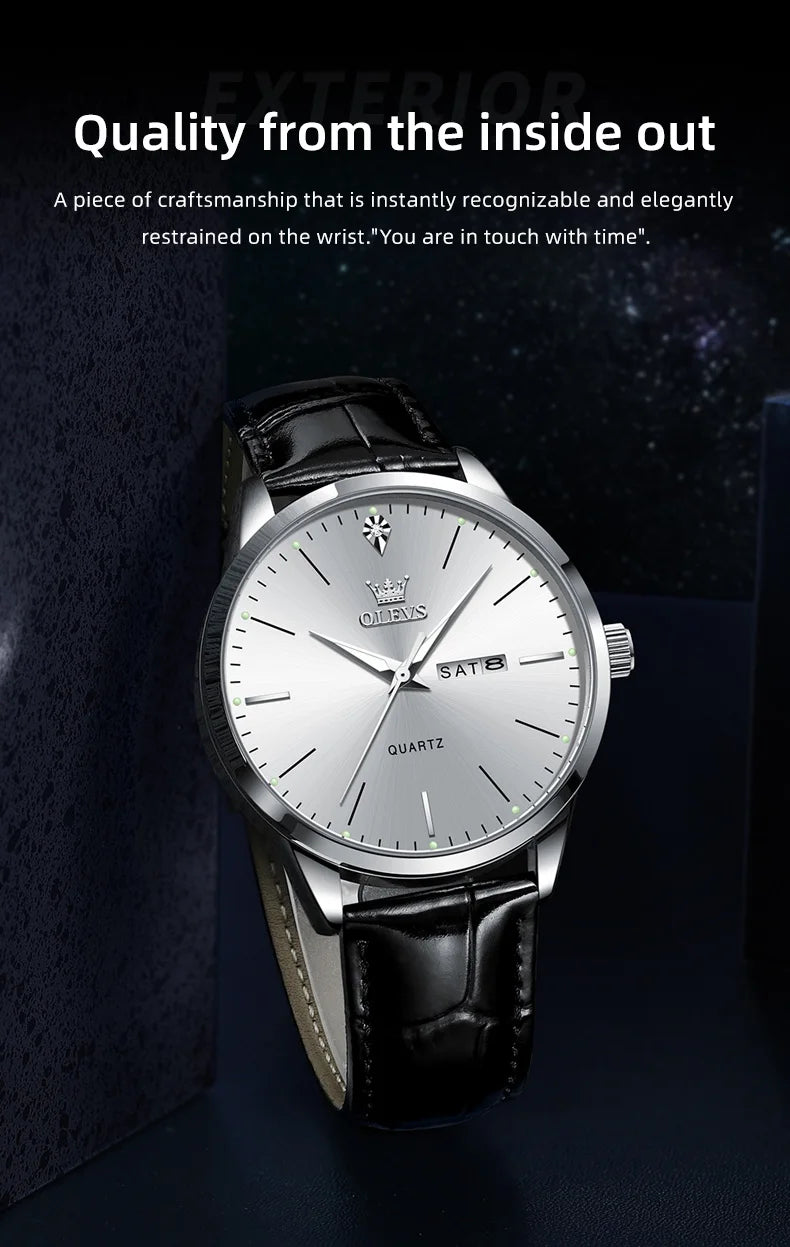 OLEVS 2935 Original Business Men Watch Leather Strap Trend Week Calendar Quartz Watch Luminous Waterproof 43mm Dial wristwatch