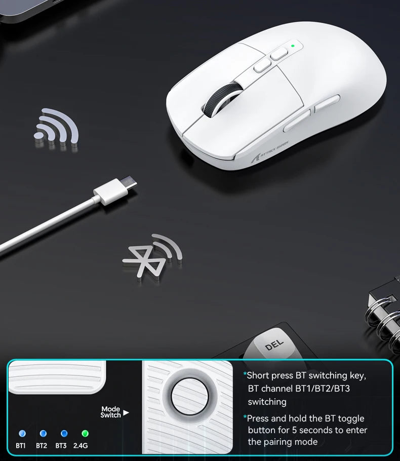 Attack Shark X6 Wireless Gaming Mouse Bluetooth Tri-Mode Connection,RGB Touch Magnetic Charging Base PAW3395 Macro Gaming Mouse