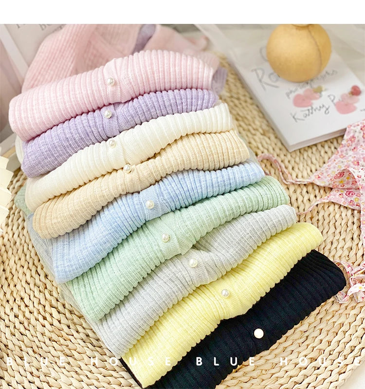 Women 2026 Spring Summer Short Pearl Button Thin Casual Coat Gentle Ruffle Trim Long Sleeve Ice Silk Sunscreen Knitted Cardigan