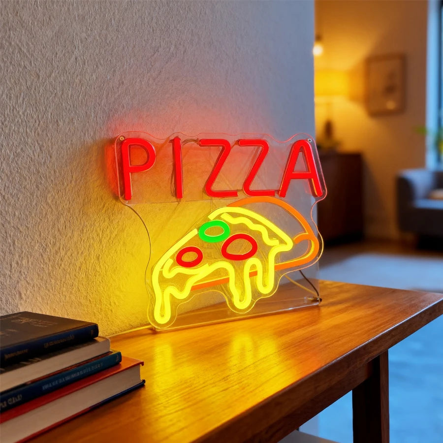 Gourmet Neon Signs, Aesthetic Business Lights Of Fried Chicken Pizza Icons, Used For Decor Of Fast Food Restaurants And Shops.