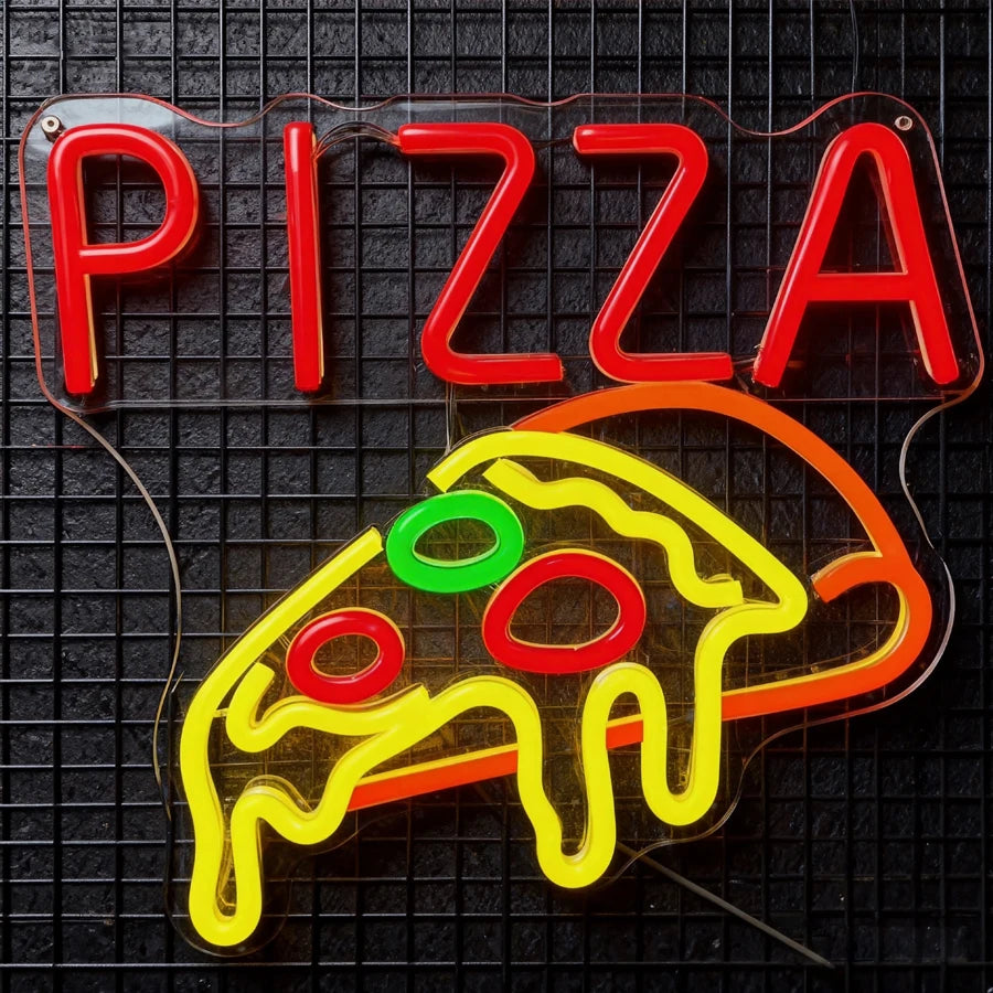 Gourmet Neon Signs, Aesthetic Business Lights Of Fried Chicken Pizza Icons, Used For Decor Of Fast Food Restaurants And Shops.