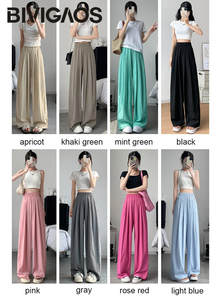 BIVIGAOS Lazy Style Loose Wide Leg Pants Women Summer Coloured Thin Casual Tide Straight Ice Silk Japanese Sunscreen Pants