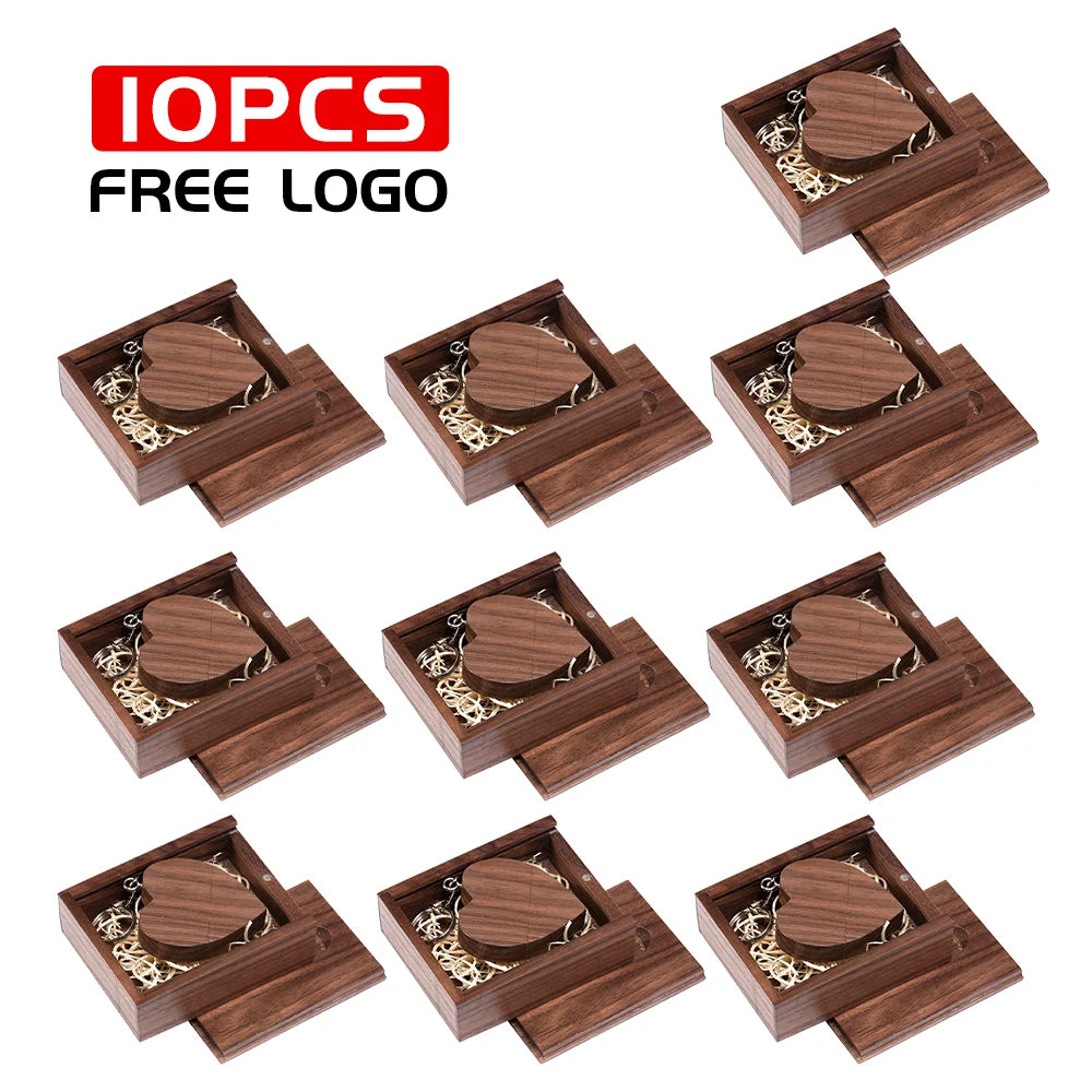 JASTER 10PCS/LOT Wooden Heart USB 2.0 Flash Drives 128GB  Free custom logo key chain Pen drive 64GB 32GB Business gift USB stick