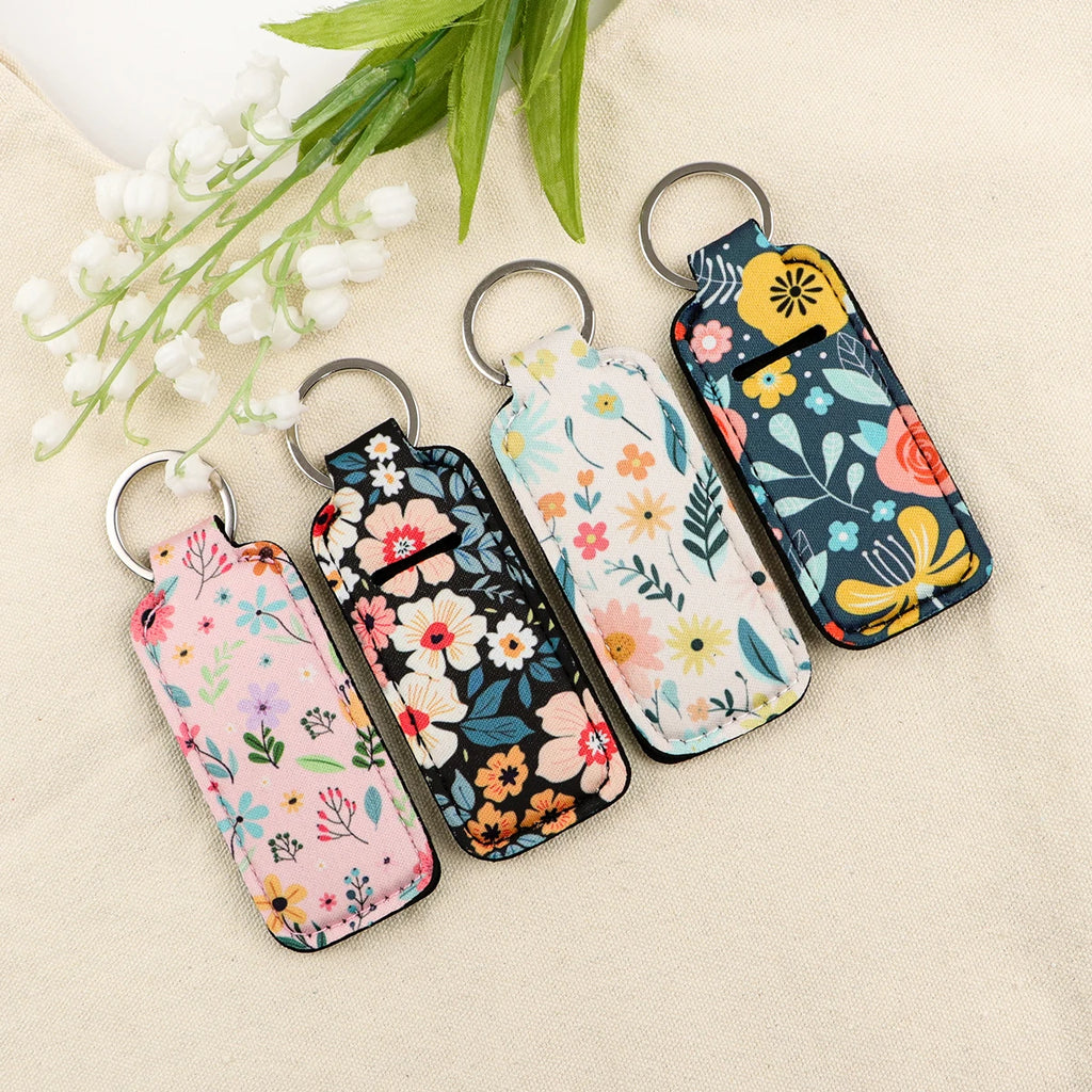 Flowers Clip On Lipstick Holder Keychain Daisy Print Simple Style Keyring Trendy Lip Balm Key Chain Bag Charms Accessories