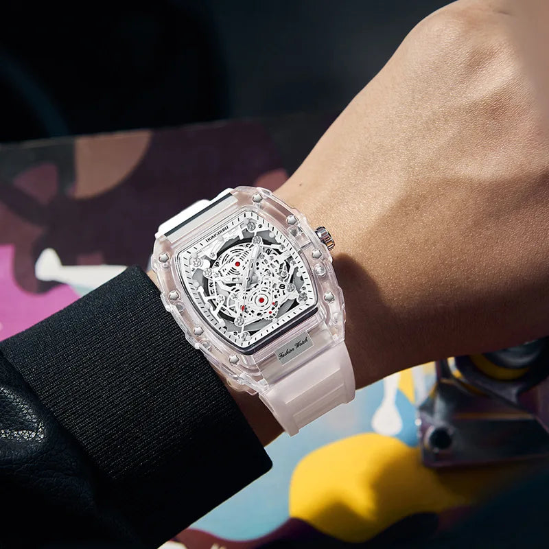 Fashionable Casual Men's Watch Luminous Calendar Function Silicone Strap Tonneau Shaped Transparent Case Men Quartz Watch Reloj