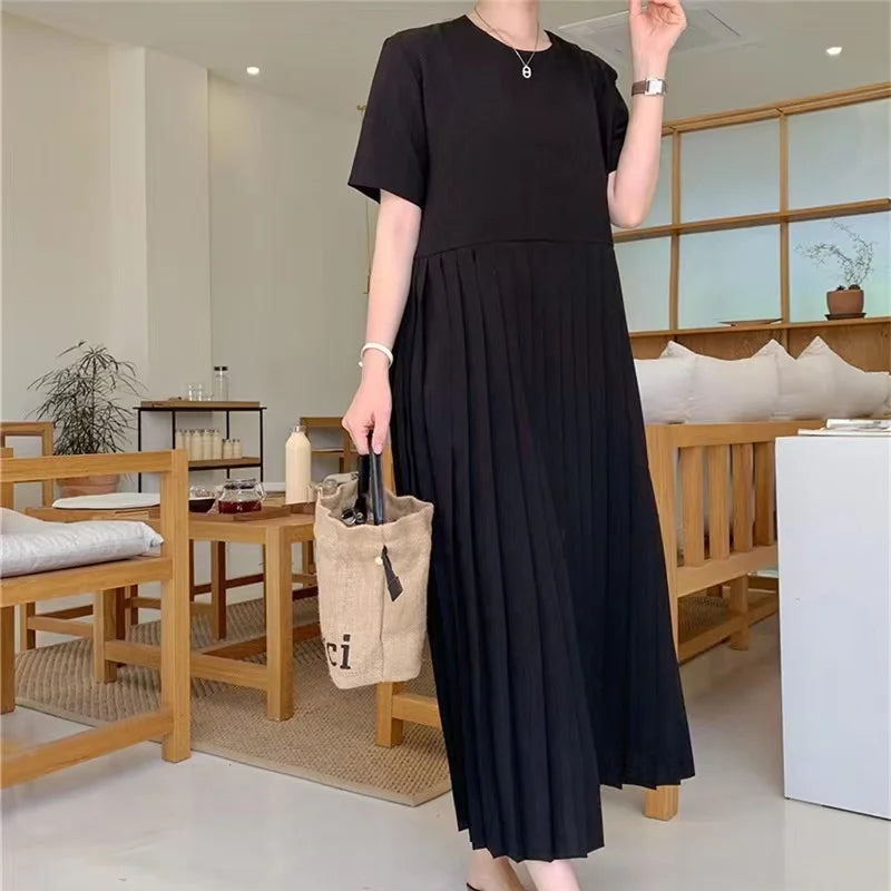 Summer 2024 Korean Sle Loose Slimming ort Sve Chiffon Pleated Long Dr Women's Casual Knee-Over Maxi Dr