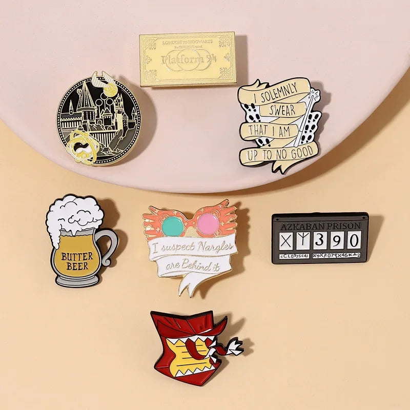 Classics Magic World Enamel Pins Train Tickets Sunglasses Howler Beer Brooches Witch Wizard Lapel Badges Jewelry Gift For Friend