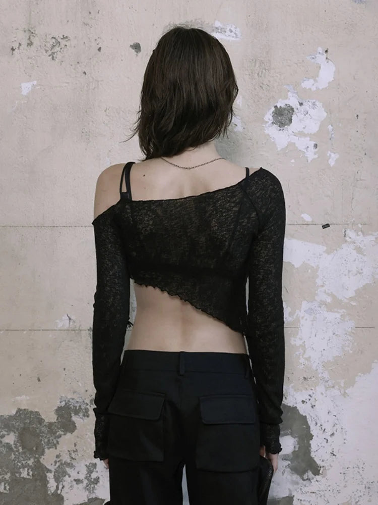 Asymmetrical T Shirts For Women Y2k Clothes Off Shoulder Sexy Streetwear Long Sleeve Crop Top Lace-up Camisetas Ropa De Mujer