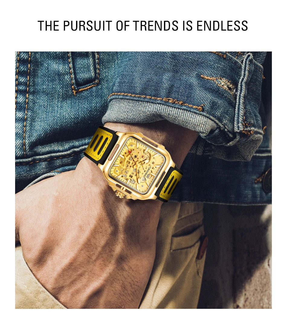FORSINING Original Square Skeleton Mechanical Man Wristwatches Automatic Movement Field Sports Waterproof Silicone Replica Watch