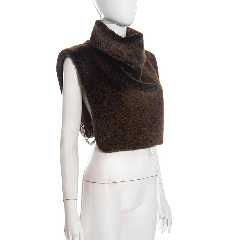 Turtleneck Furry Tank Tops Women Trend Sexy Side Split Chic Fall Trend Midnight Basic Street Furs Hipster Clubwear Vest Crop Top