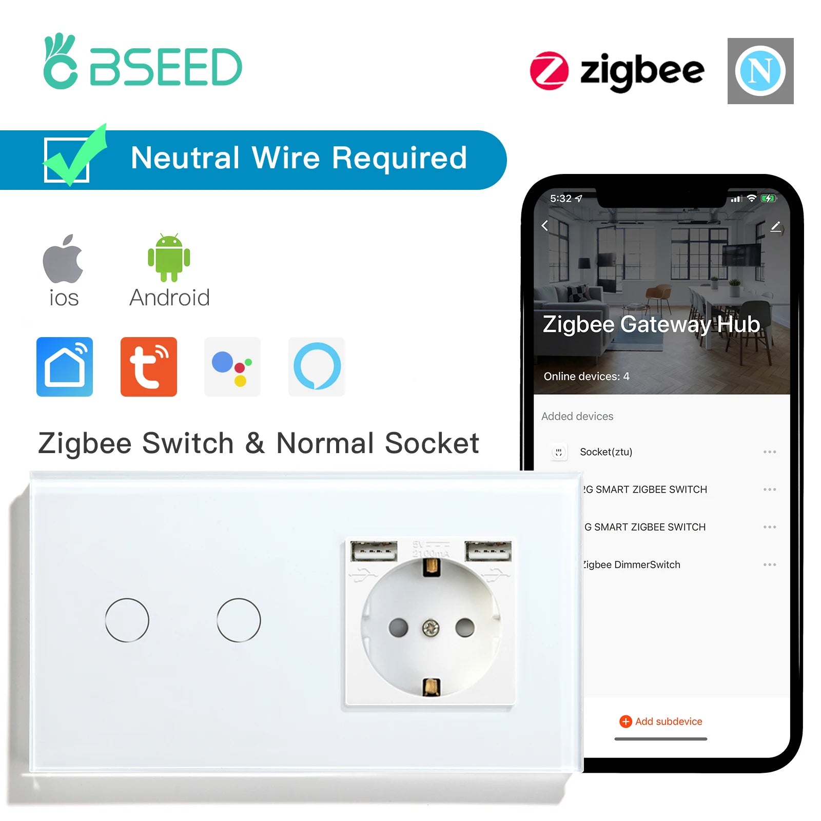 Bseed EU Zigbee Touch Switch 1/2/3Gang 2Way Smart Light Switch Wall Socket USB Type-C Charge Port Tuya Google Home Alexa Control