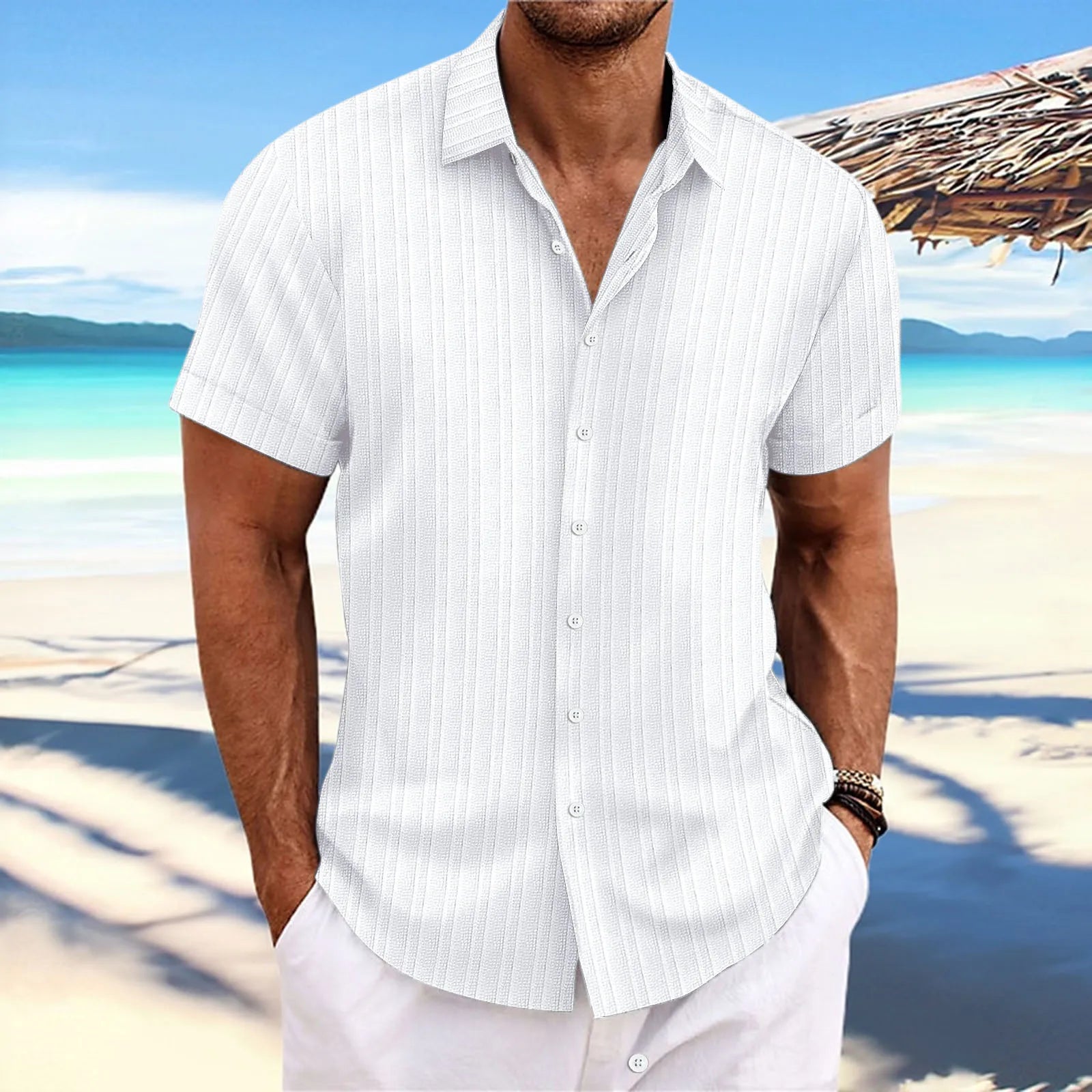 Men Must Summer Casual Shirt Cotton And Linen Stripes Casual Comfortable Loose Beach Lapel Cardigan Short-Sleeved Top