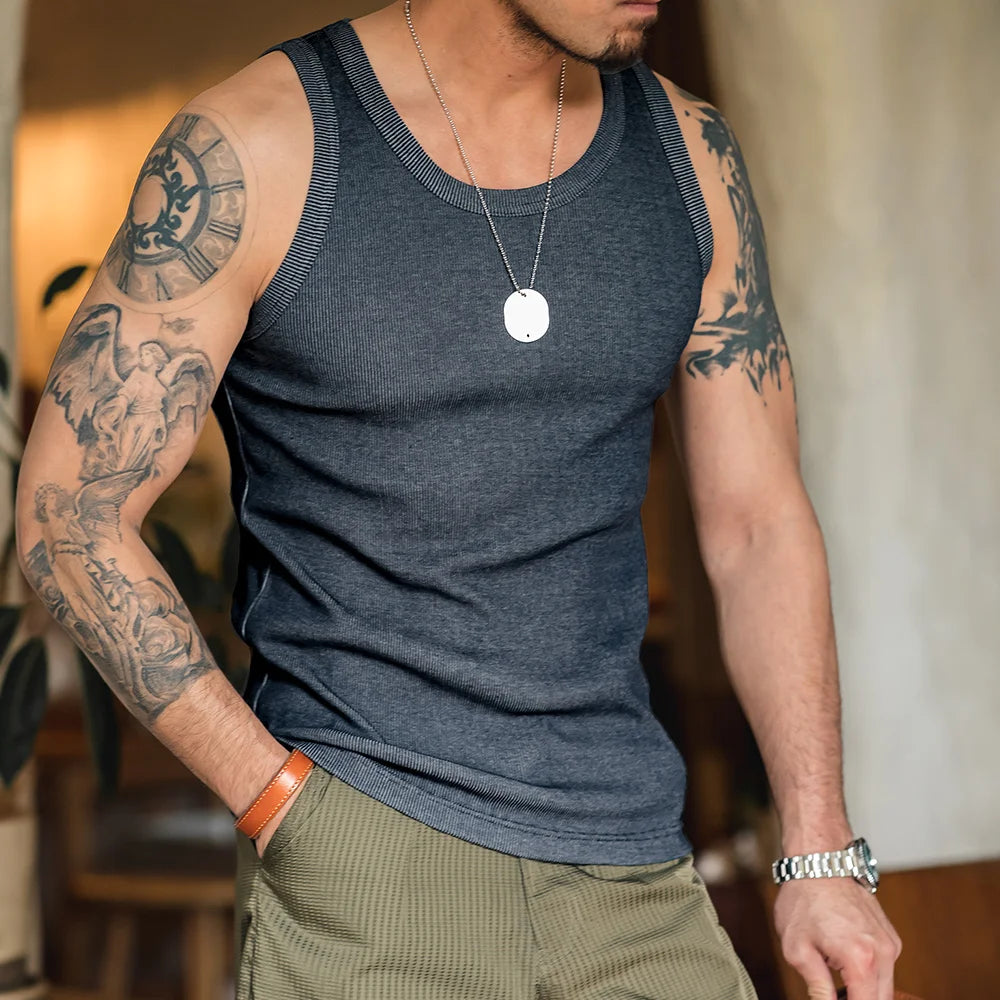 Maden Men's Retro Solid Color Slim Fit Sleeveless Vest T-Shirt Sports Fitness Threaded Inner Bottoming Shirt for Summer Tank Top