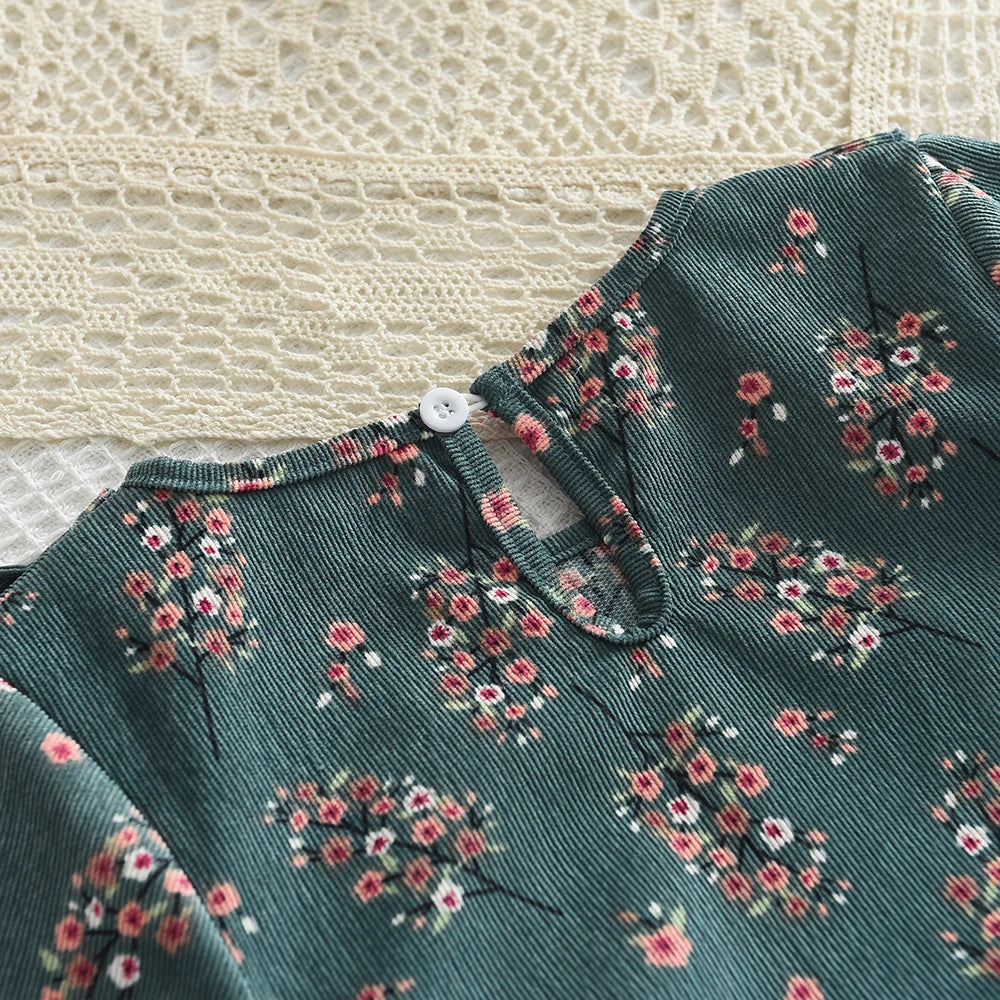 Girls' Dress 2023 Autumn New Girls' Round Neck Ruffled Flower Print Long Sleeve Dress Children's Fashion Dress
