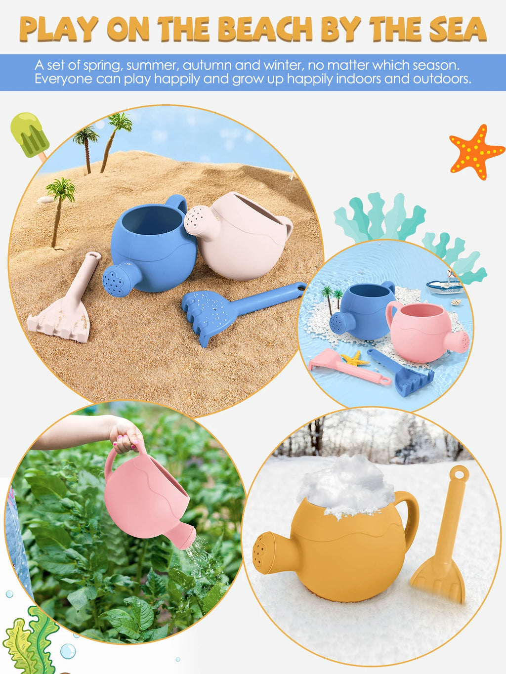 Summer Beach Toys Sand playing tools Soft Silicone Watering Pot Rake Set Play Sand Bucket Shovels Suitable for children outdoors