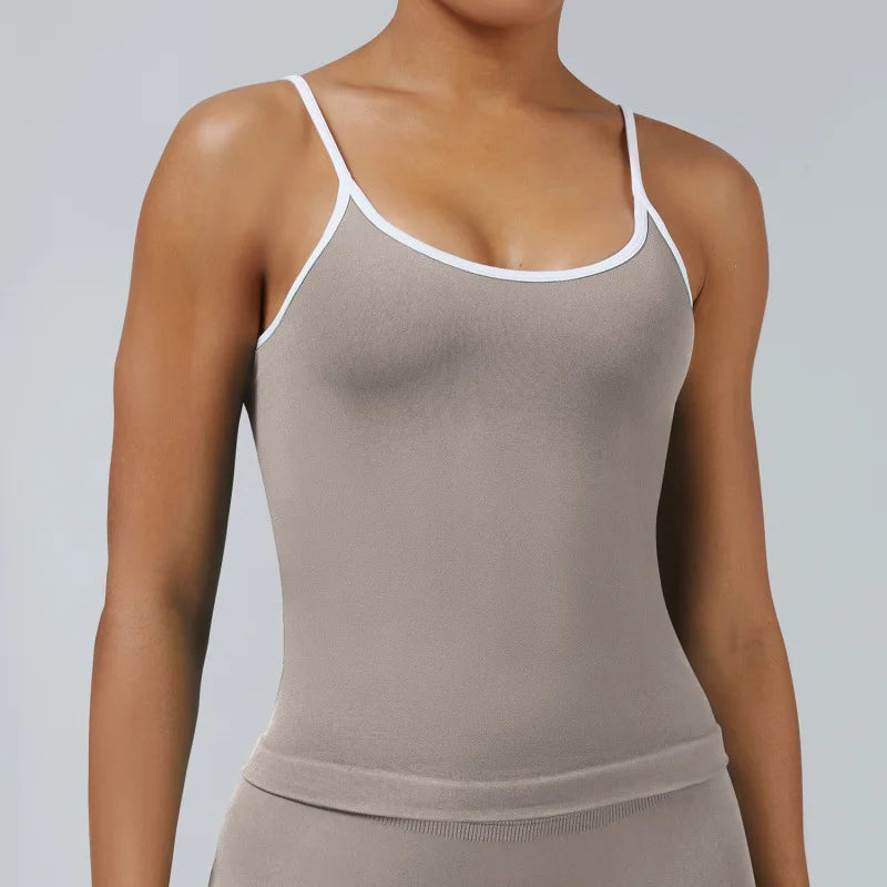 Women Color Blocking Gym Sports Short Tops Summer Yoga Fitness Sexy Backless Knit Camis with Chest Cushion Suspender