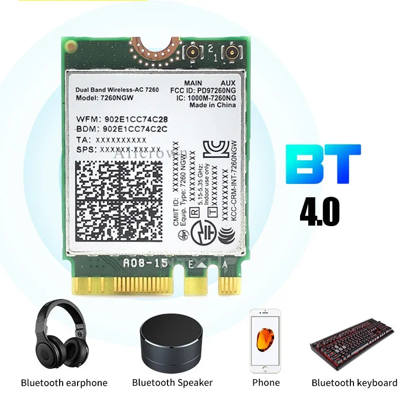 7260NGW M.2 Wifi Wireless Card 1200Mbps Dual Band 2.4G 5G Bluetooth 4.0 802.11AC Adapter Card With Antenna For Laptops Desktop