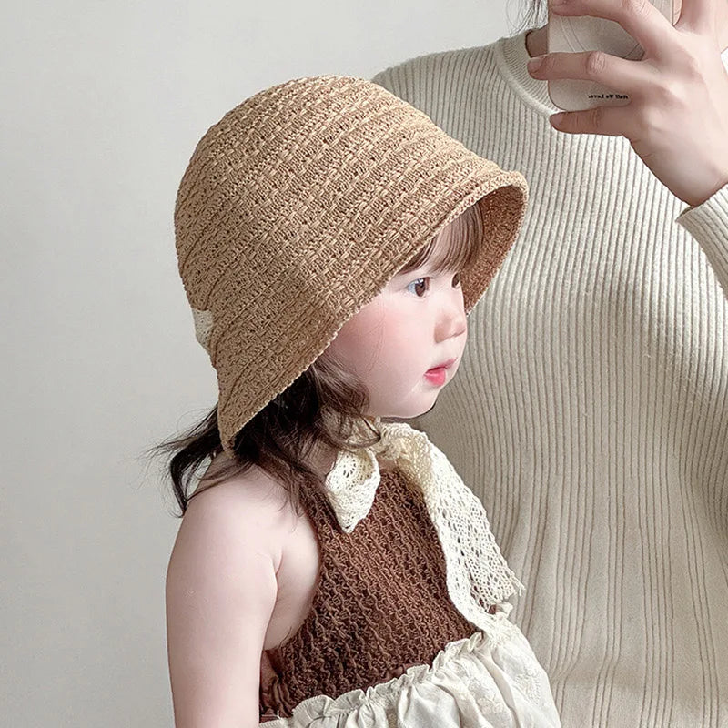 Summer Baby Girl Straw Hat Lace Bowknot Sunscreen Kids Panama Cap Outdoor Beach Sunshade Bucket Hats